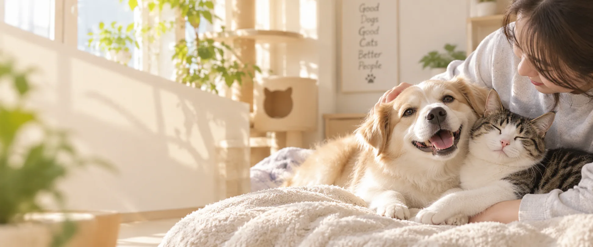 보호자와 함께 편안하게 쉬는 강아지와 고양이